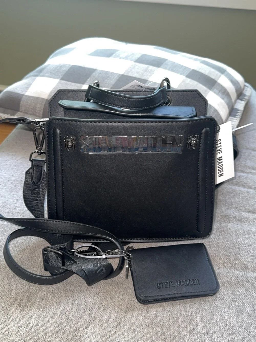 Steve Madden Spider Black Structured Messenger Bag with Coin Pouch
